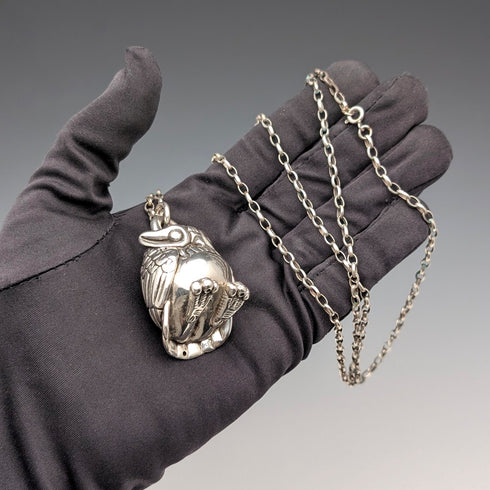 Vintage Sterling Silver Owl Pendant & Sterling Silver Azuki Chain Necklace, Total Weight: 28g (NAJO)